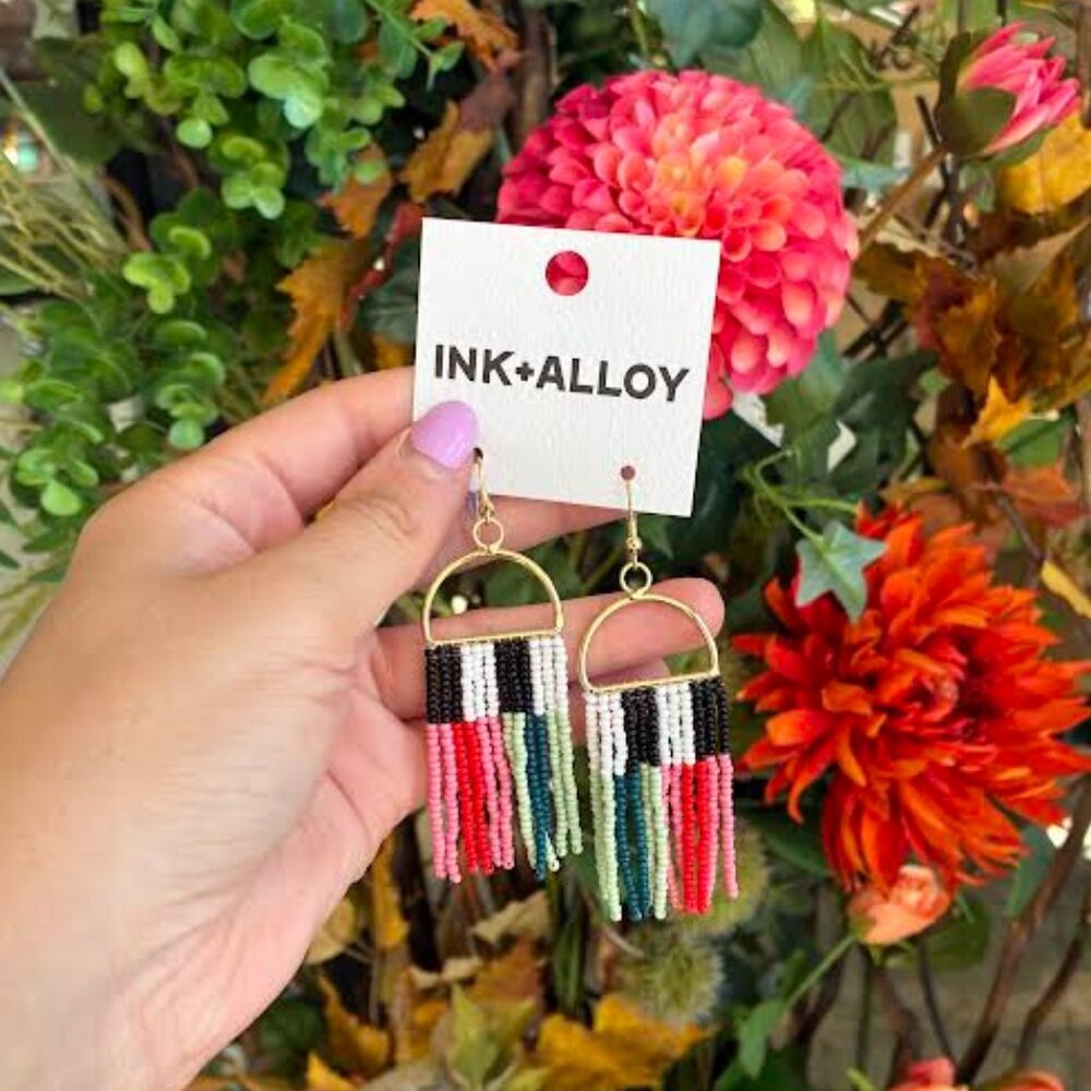Ink + Alloy - Tomato Vertical Stripe Beaded Fringe Earrings- NWT